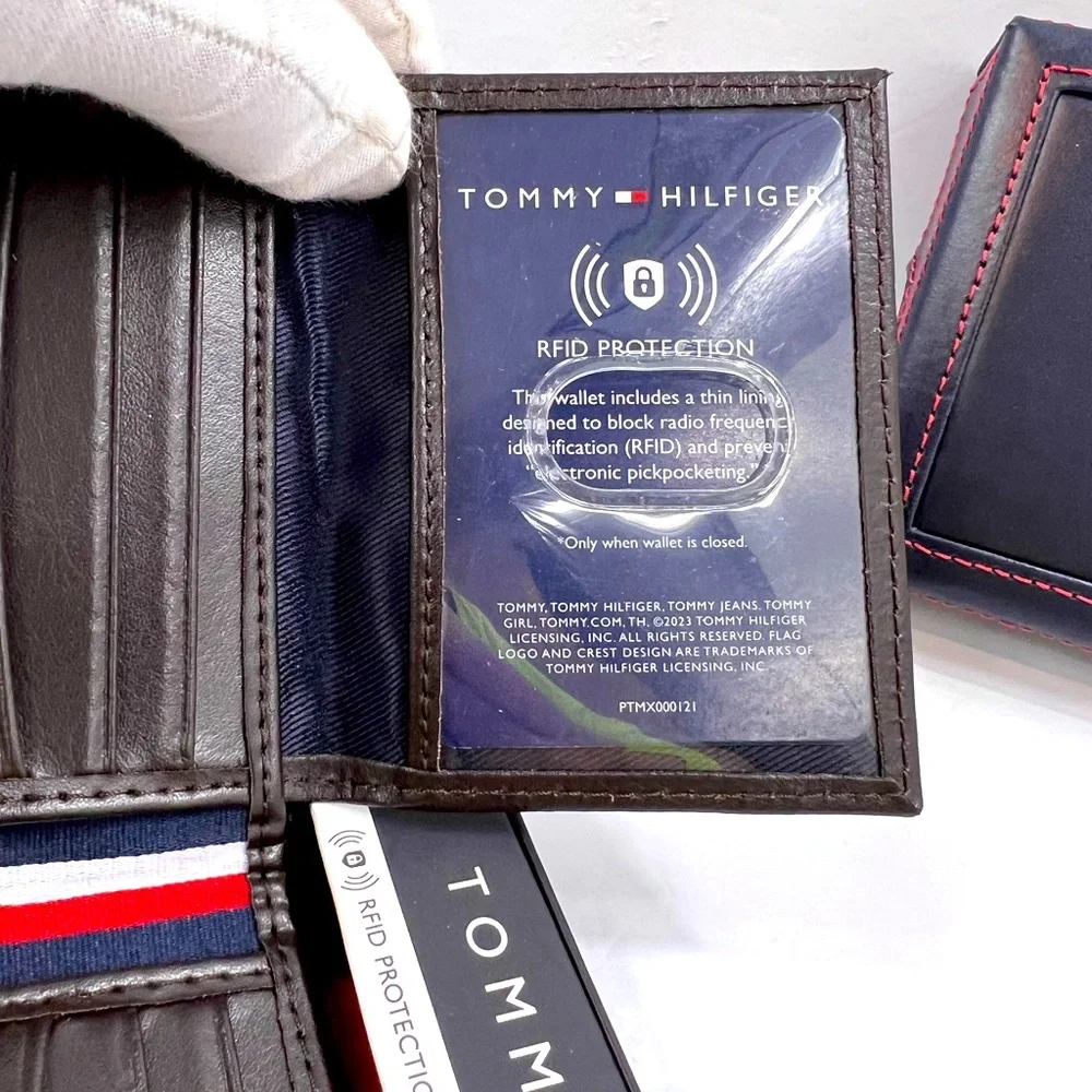 ⭐️TOMMY HILFIGER💯 MENS WALLET DOUBLE FOLD, DARK BROWN, GENUINE LEATHER